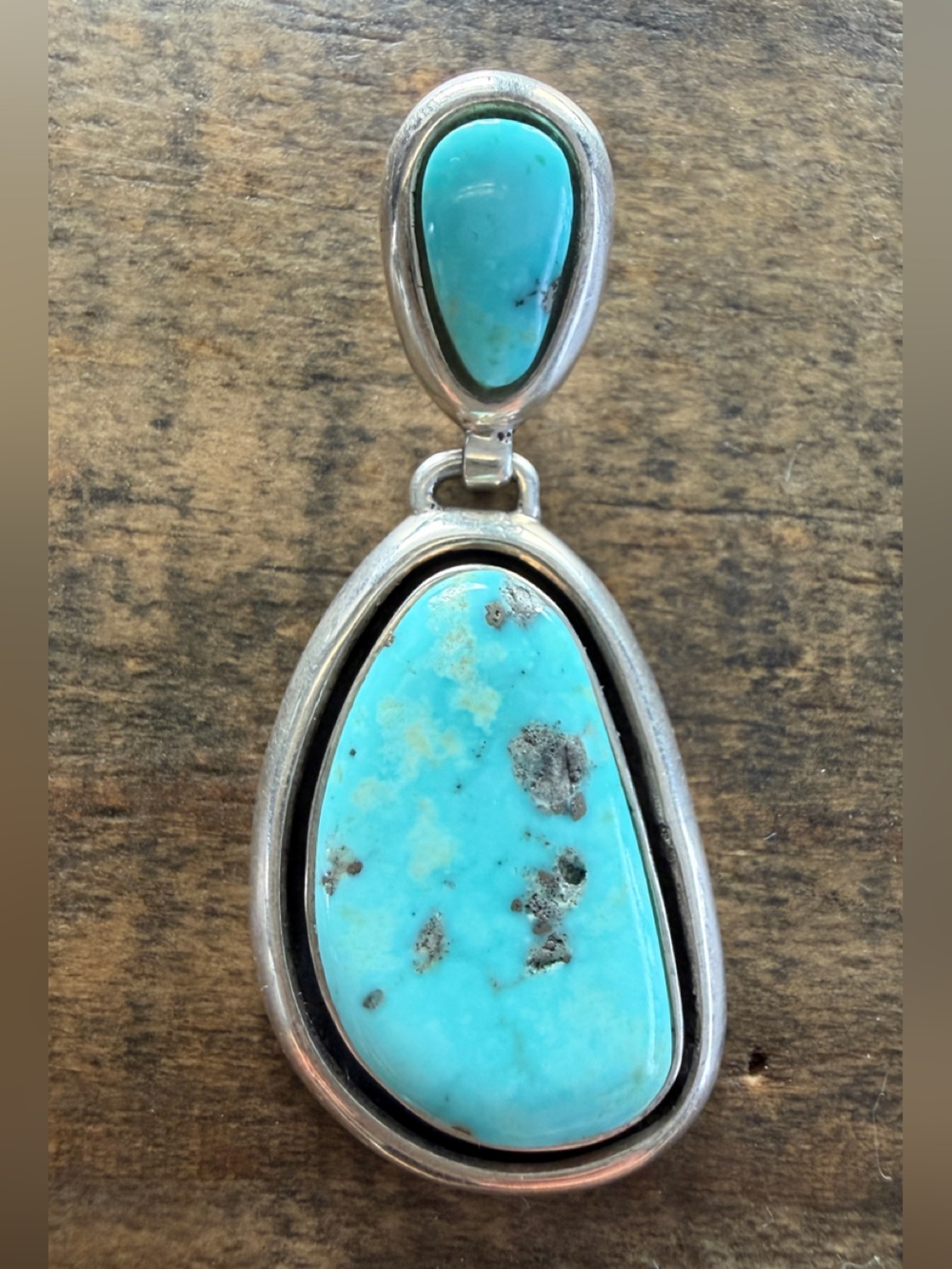 Southwestern Native Turquoise Sterling Silver Two Stone Pendant Signed FW Lente